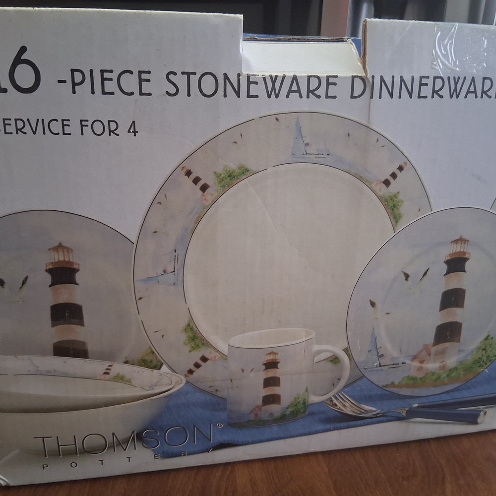 Thompson Stoneware Dinnerware Set - 16 Piece, White and Blue